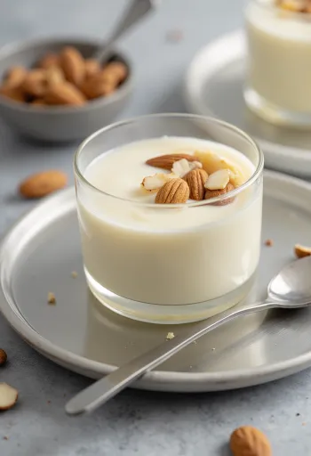 Badem ezmesi ve vanilyalı, kremsi hindistan cevizi sütlü tatlı Manjar vegano