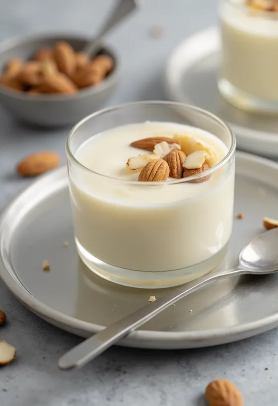 Badem ezmesi ve vanilyalı, kremsi hindistan cevizi sütlü tatlı Manjar vegano