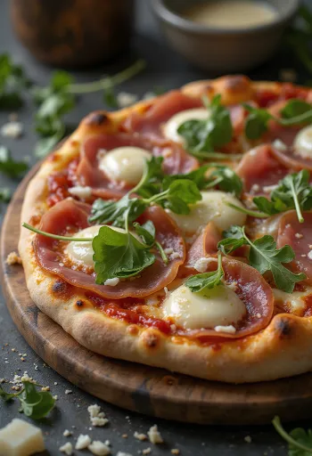 Parma jambonu ve roka ile servis edilen Pizza al Prosciutto Crudo
