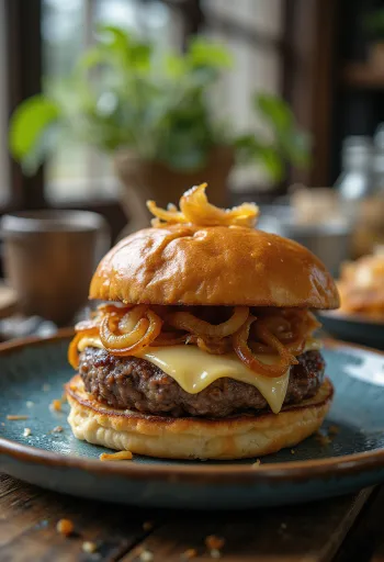 Sulu köfteli ve erimiş provolone peynirli provolone peynirli hamburger