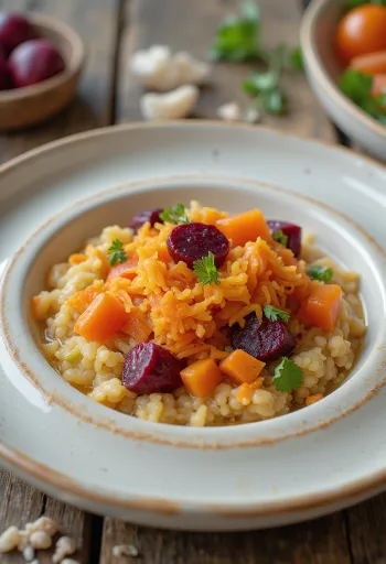 Kasede maydanozla süslenmiş sebzeli Açorda