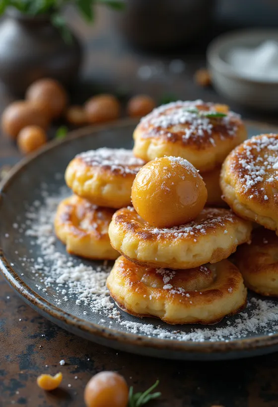 Pudra şekeri serpilmiş Æbleskiver krebi