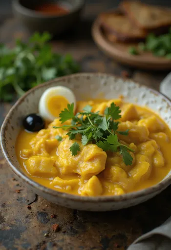 Kişniş ve kremsi sosla servis edilmiş Ají de gallina