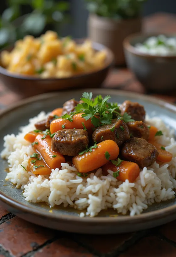 Bò kho sığır eti çorbası, pilav ile servis edilmiş