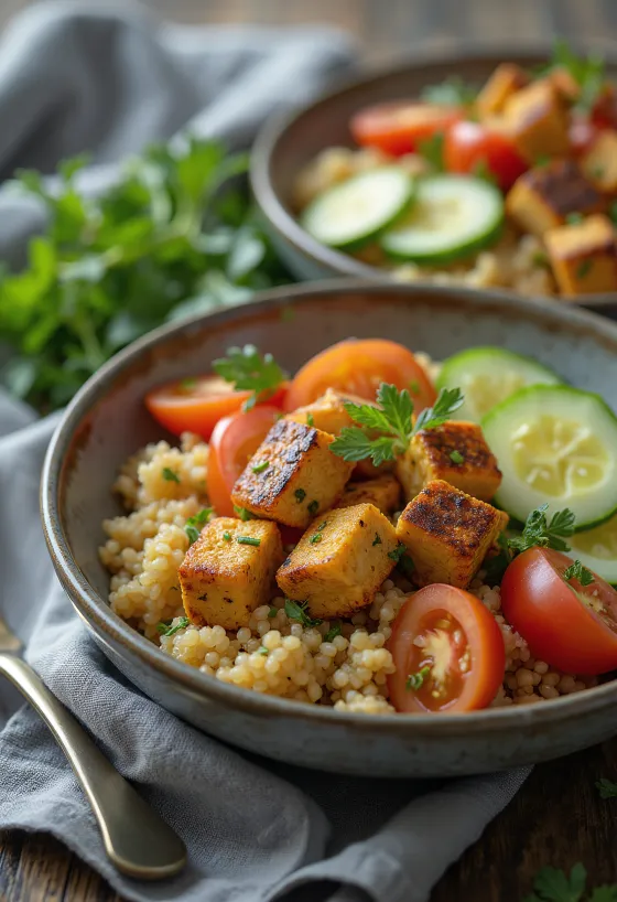 Kinoalı ızgara tofu salatası servis edilmiş