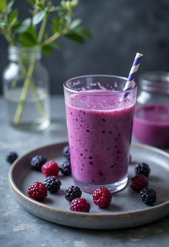 Bardakta probiyotik yaban mersinli kefir, uçuk mor tonlu, meyveli içecek