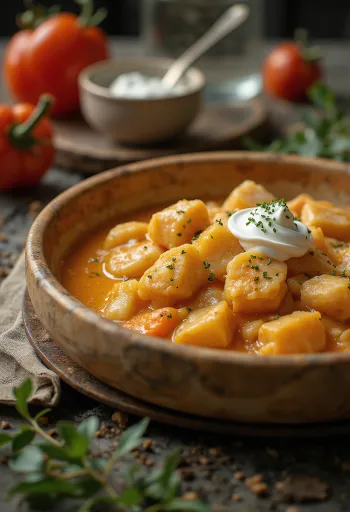 Lor peynirli makarna ile servis edilen yayın balığı yahnisi