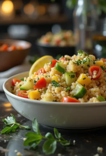 Renkli sebzeler ve baharatlarla servis edilen taze kuskus salatası