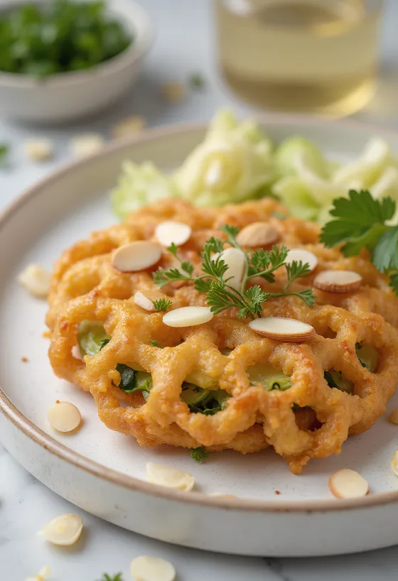 Bademli kakiage, sebze ve badem parçalarıyla kızarmış tempura