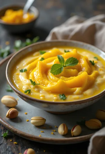 Mangolu Shrikhand, taze mango parçaları ve badem ile süslenmiş