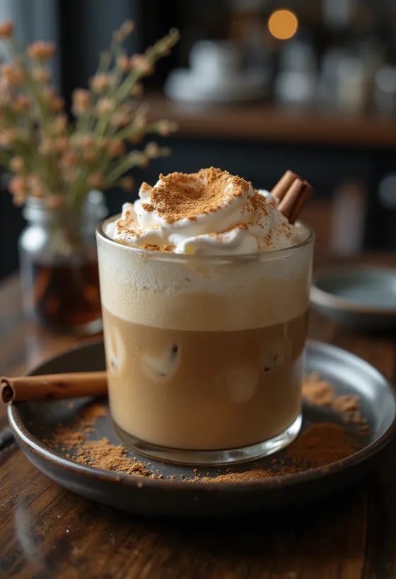 Krem şanti, çubuk tarçın ve nane yaprakları ile süslenmiş Tarçınlı-naneli frappe kahve içeceği