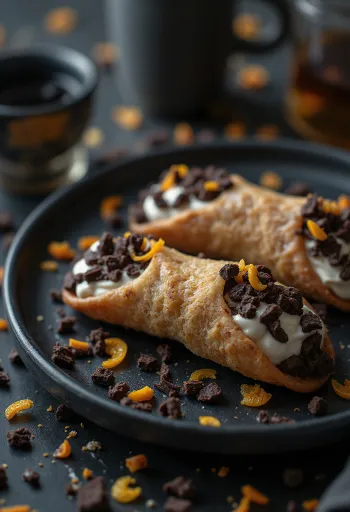 Servis edilmiş bitter çikolatalı rumlu cannoli
