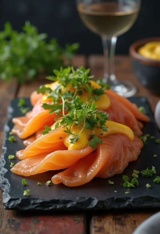Hardal ve dereotu soslu gravlax, taze somon filetosu