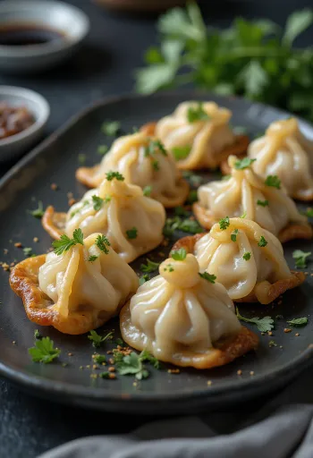 Taze kişnişle süslenmiş Mantarlı Gyoza