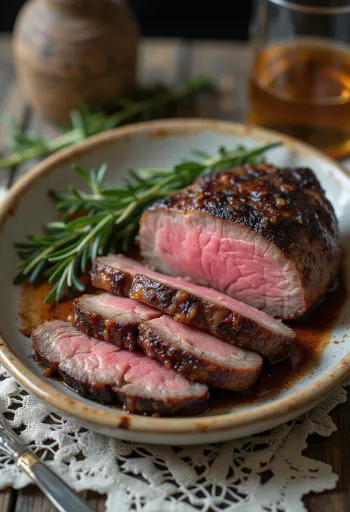 Kızarmış sebzeler ve biberiye ile tütsülenmiş geyik bifteği