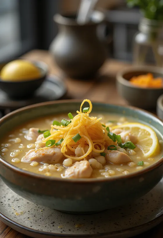 Zengin tatlar ve pirinç dokusuyla bir kase çorba, Tavuklu Arroz Caldo