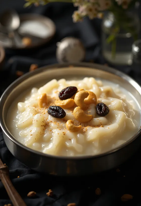 Hindistan cevizi rendesi ve kuru üzümle süslenmiş Aval payasam