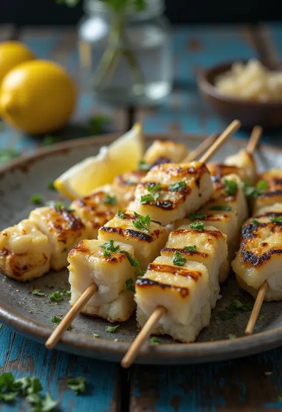 Limon ve közlenmiş sebzelerle servis edilen ızgara timsah eti