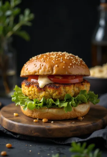 Karnabaharlı vegan burger servis edilmiş