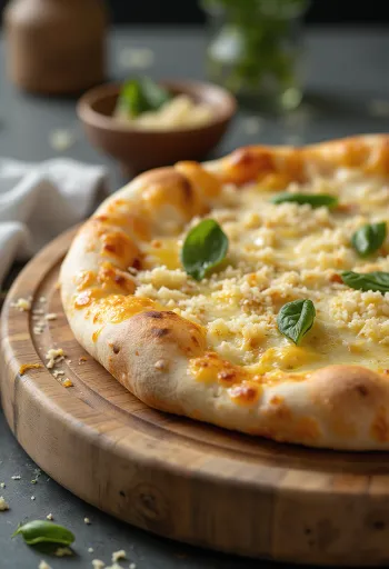 Ricotta, mozzarella ve taze baharatlarla servis edilen beyaz pizza