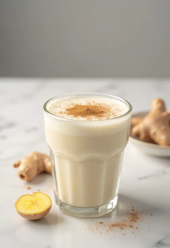 Bardaklarda servis edilen baharatlı zencefilli kefir, açık renkli içecek, üzerine hafifçe tarçın serpilmiş