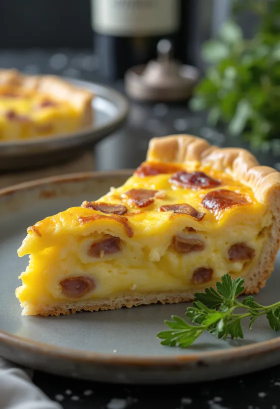 Klasik Quiche Lorraine, kıtır hamur içinde kremalı dolgu, pastırma parçaları ve peynir ile.