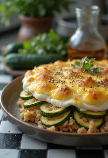 Fırında pişmiş, kıyma ve pirinç dolgulu kabak dilimleri