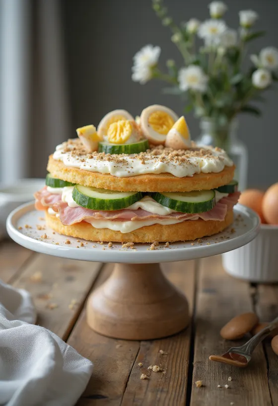 Jambonlu ve tavuklu Smörgåstårta servis edilmiş