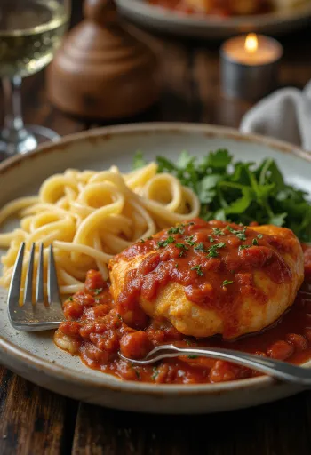 Glutensiz makarna, tavuk but, domates sosu ve zeytin ile servis edilen Cacciatore