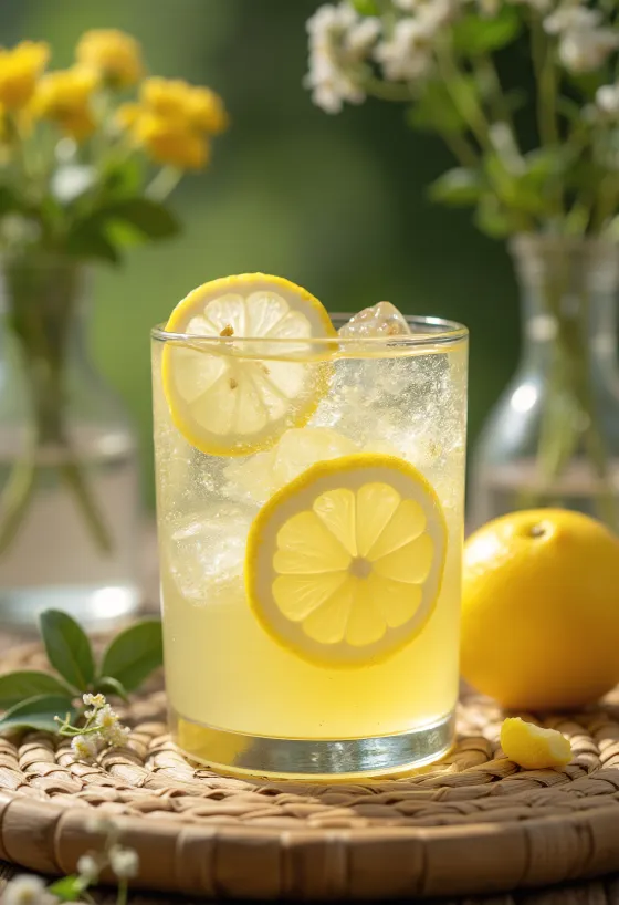 Limon dilimi ve mürver çiçeği ile süslenmiş Limonlu-mürverli cider meyveli içecek