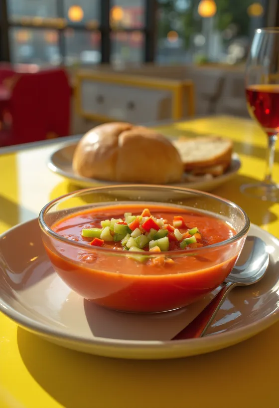 Buz gibi soğuk servis edilen, ince doğranmış sebzelerle süslenmiş taze gazpacho