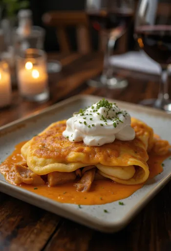 Süzme yoğurt ve taze maydanozla servis edilmiş Hortobágyi etli krep.