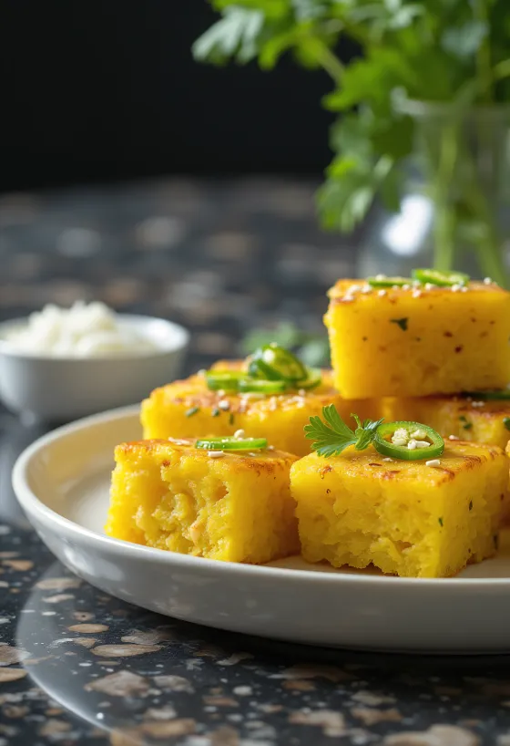 Baharatlı yağ ve kişniş ile servis edilen Khaman Hazır Dhokla