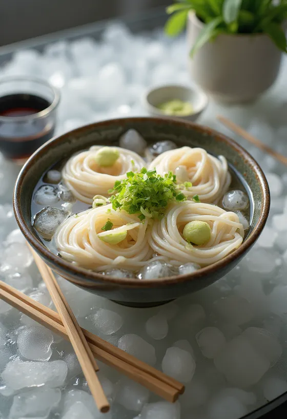 Tsuyu soslu Somen, Japon soğuk eriştesi, taze soğan ve wasabi ile