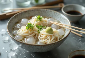 Tsuyu soslu Somen, Japon soğuk eriştesi, taze soğan ve wasabi ile