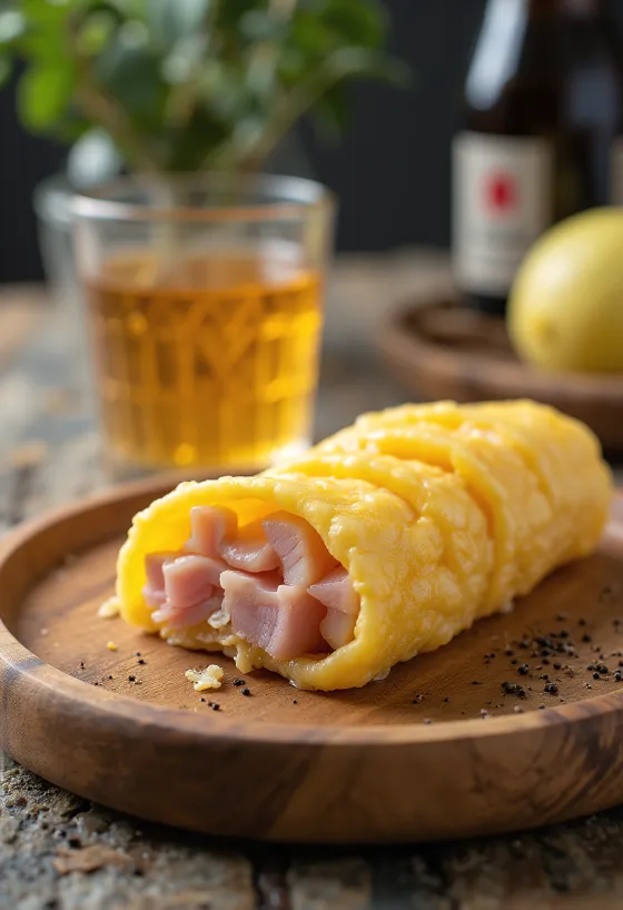 Jambonlu Tamagoyaki, soya sosu ve mirin ile servis edilir