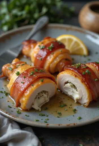 Buharda pişmiş sebzelerle servis edilen bacon sarılı tavuk göğsü