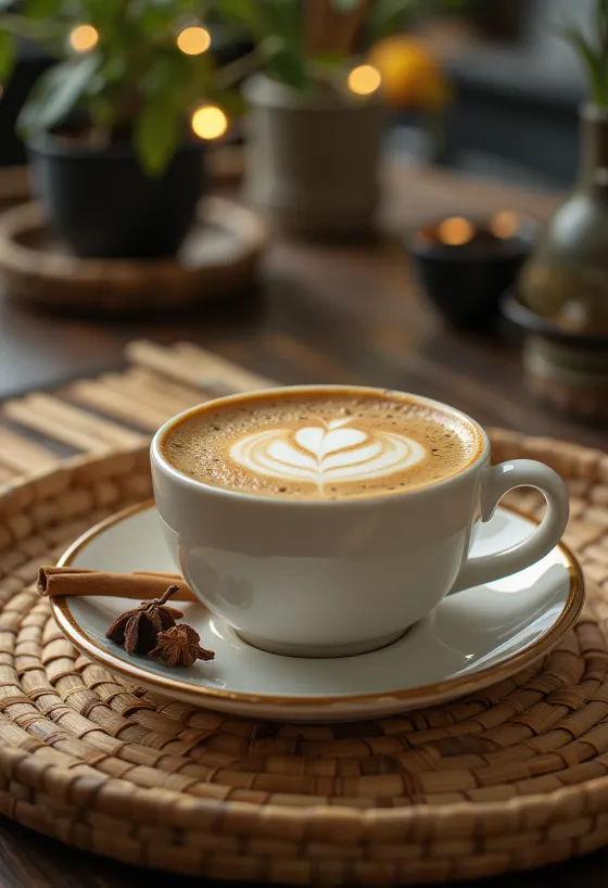 Tarçın çubuğu ve krem şanti ile süslenmiş Tarçınlı-karanfilli latte kahve içeceği