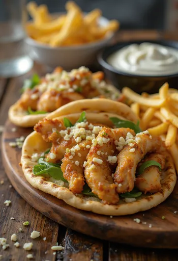 Kızarmış tavuk, taze sebzeler ve sarımsaklı tzatziki ile sarımsaklı gyros tabağı