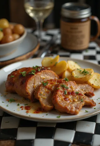 Nar gibi kızarmış, taze yeşilliklerle servis edilen sarımsaklı domuz boyun