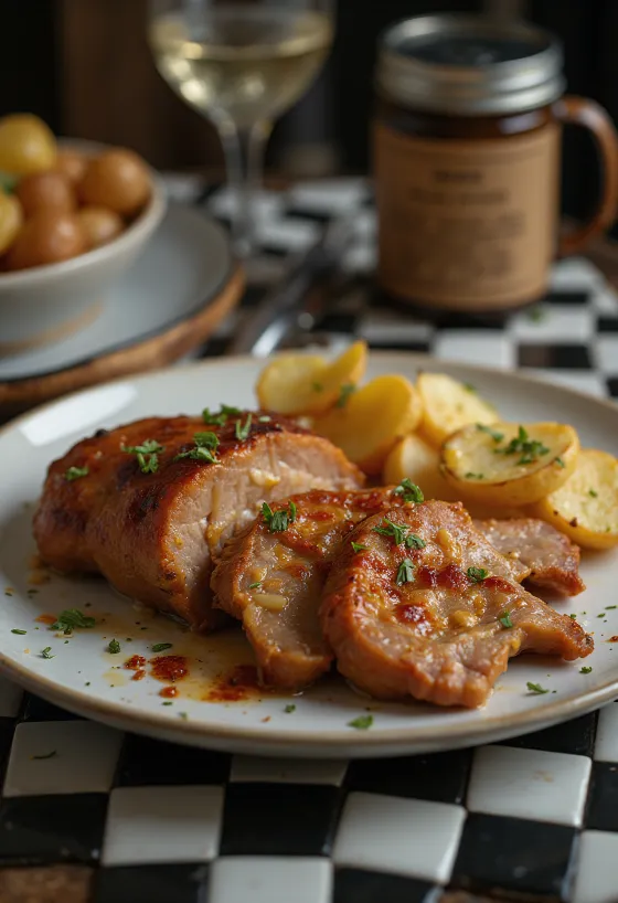 Nar gibi kızarmış, taze yeşilliklerle servis edilen sarımsaklı domuz boyun