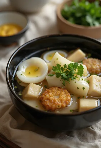 Tofu ve daikon ile, taze kişniş eşliğinde servis edilen Ganmodoki ile Oden