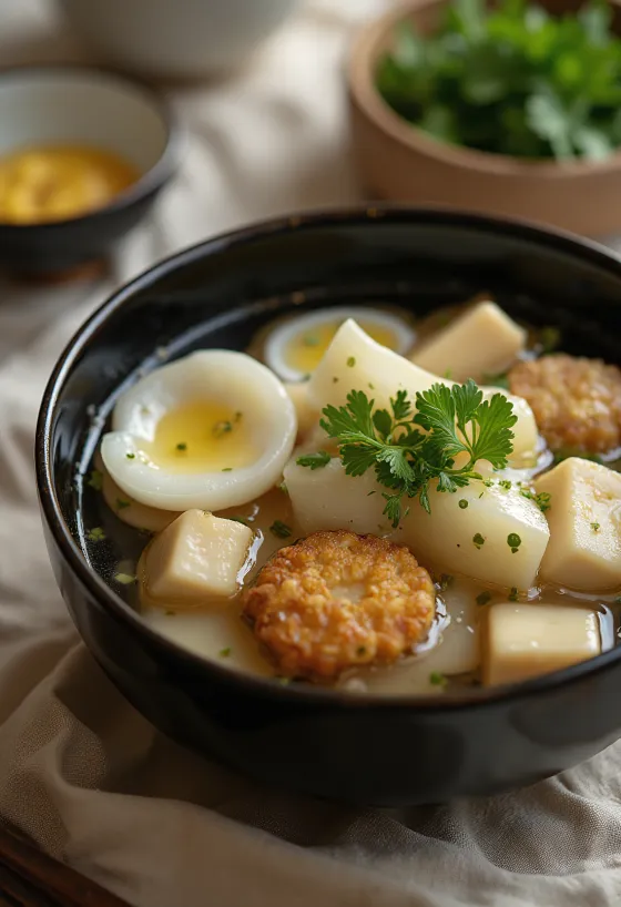 Tofu ve daikon ile, taze kişniş eşliğinde servis edilen Ganmodoki ile Oden