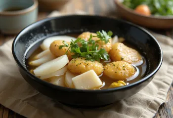 Tofu ve daikon ile, taze kişniş eşliğinde servis edilen Ganmodoki ile Oden