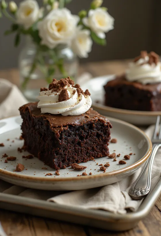 Krem şanti ve çikolata parçalarıyla çikolatalı brownie pasta