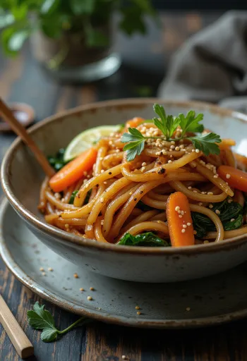 Soya soslu Japchae servis edilmiş, tatlı patates eriştesi ve sebzelerle