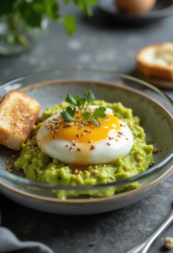 Bir kasede, avokado püresi ve kişniş süslemesi ile servis edilen Avokadolu Onsen Tamago