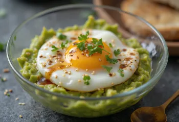 Bir kasede, avokado püresi ve kişniş süslemesi ile servis edilen Avokadolu Onsen Tamago