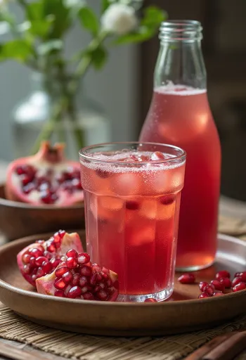 Bardaklarda probiyotik narlı kombucha, pembemsi içecek taze nar taneleri ile