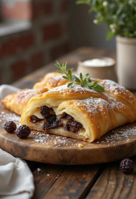 Pudra şekeri serpilmiş, kuru üzümlü lor peynirli strudel servisi